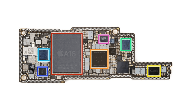 Disassembled Apple 14pro max Internal key components: yellow Apple 338S00839-B0 Power Management IC